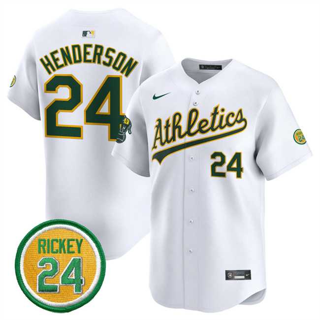Mens Oakland Athletics #24 Rickey Henderson White 2024 Home Limited With Rickey Henderson Patch Stitched Jersey Dzhi